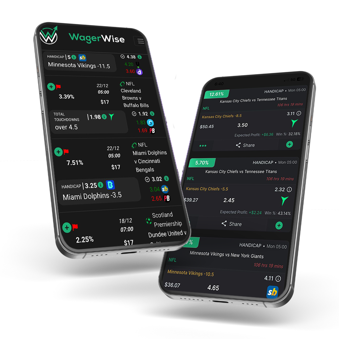 Positve expected value betting software picture, showcasing a variety of profitable bets across the +ev software page on app